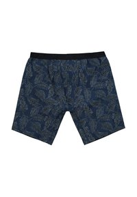 Pantaloni corti blu navy realizzati in tessuto leggero, con un motivo a foglia grigio chiaro. Vita elastica per il massimo comfort. Design con parte anteriore piatta.
