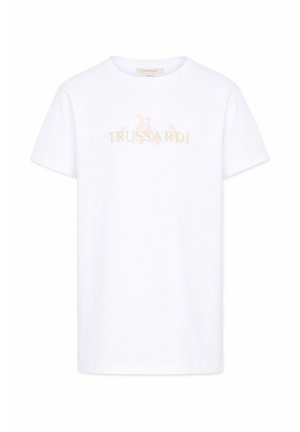 T-shirt blanc à manches courtes et col rond avec le texte "TRUSSARDI" et trois logos de lévriers imprimés sur la poitrine.