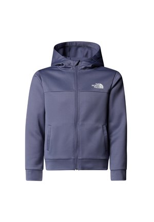 Sudadera con capucha morada con cierre de cremallera, tela suave, dos bolsillos delanteros y logo en el pecho izquierdo. Presenta un ajuste relajado y puños acanalados.