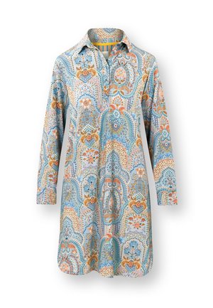 Long-sleeve tunic with collared neckline, blue, orange, and beige intricate floral and paisley pattern, buttoned front placket.