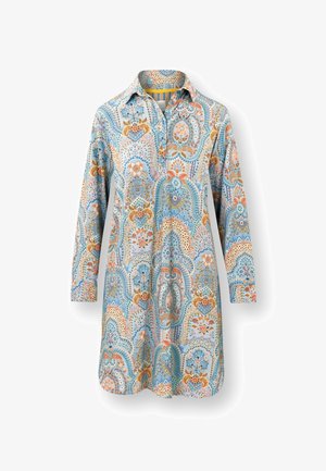 Langärmlige Tunika mit Kragen, blau, orange und beigem, aufwendigem floralem und Paisley-Muster, mit knöpfbarem Vorderblatt.