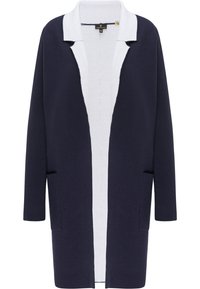 Marineblauer Cardigan mit weißem Kragen, offenem Vorderteil, zwei Taschen und weichem, strukturiertem Stoff. Lange Ärmel mit hochgekrempelten Bündchen.