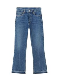 Jean en denim bleu avec une coupe évasée, arborant un style à cinq poches et des coutures contrastantes. Taille mi-haute et ourlet effiloché.