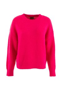 Maglione fucsia con scollo rotondo, maniche a costine e una finitura morbida e testurizzata. Presenta cuciture delle spalle cadute e una vestibilità ampia.