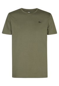 T-shirt verde oliva a maniche corte realizzato in tessuto morbido, con collo rotondo e un piccolo logo nero sul lato sinistro del petto.