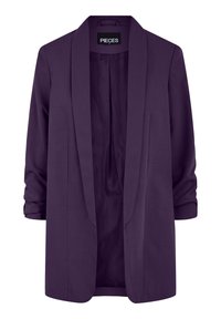 Blazer violet foncé à ouverture avant, col châle et manches trois-quarts froncées, étiquette "PIECES" à l'intérieur du col.
