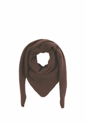 Dunkelbrauner gestrickter dreieckiger Schal, gefaltet mit langen Enden, die vor einem weißen Hintergrund hängen.