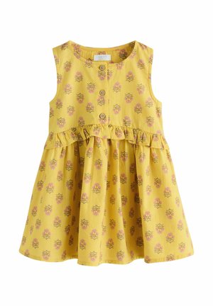 Ujjatlan sárga kisgyermek ruha rózsaszín virágmintával, három fa gombbal elöl és fodros részlettel a derék alatt.