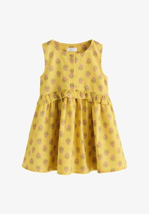 Žuta haljina bez rukava za malu djecu s ružičastim cvjetnim uzorkom, tri drvena gumba sprijeda i volan ispod struka.