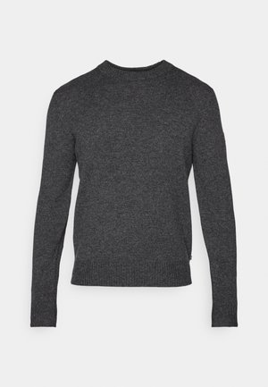 Dark gray long-sleeve wool sweater with ribbed crew neckline, cuffs, and hem, displayed against a plain light background.