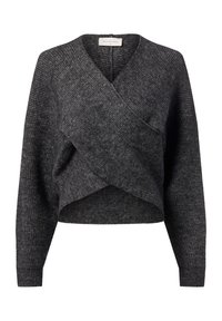 Pull cropped en tricot gris foncé avec des manches longues et un design croisé à l'avant.