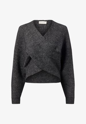 Donkergrijze gebreide cropped trui met lange mouwen en een kruislings gewikkeld ontwerp aan de voorkant.