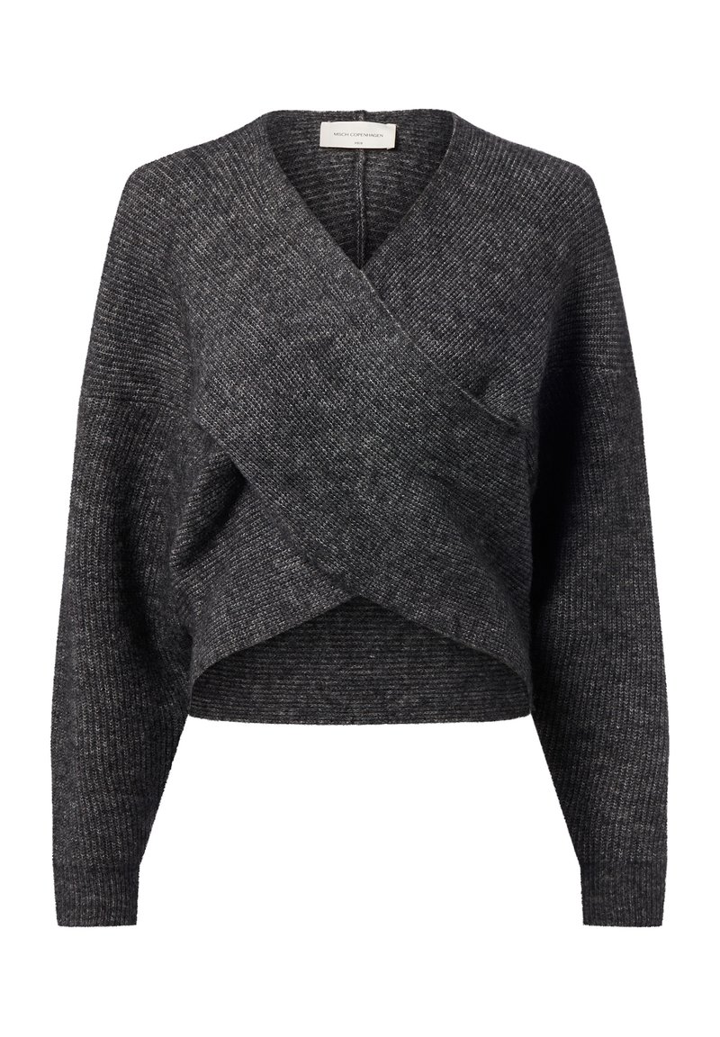 Pull cropped en tricot gris foncé avec des manches longues et un design croisé à l'avant.
