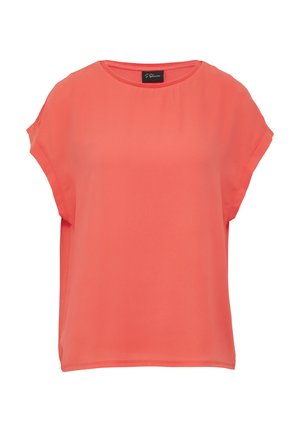 Coral short-sleeve blouse made of smooth fabric, featuring a rounded neckline and loose fit. No distinct patterns or hardware visible.