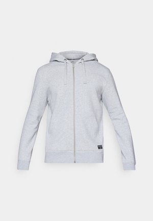 Light gray zip-up hoodie made of soft fabric, featuring a hood, drawstrings, long sleeves, ribbed cuffs, and a small logo detail at the hem.