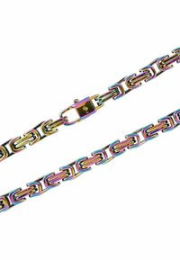 Collana a catena realizzata in materiale metallico, caratterizzata da anelli intrecciati con una finitura arcobaleno. Comprende un dettaglio di chiusura sicuro.