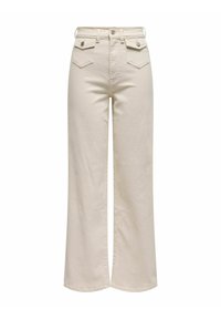 Jeans à jambes larges de couleur crème en denim. Dotés de deux poches avant, d'une taille haute et d'une fermeture à glissière avec bouton.