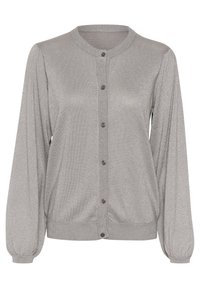 Silver metallic cardigan med långa ballongsärmar, ribbad krage och manschetter, knäppning fram med knappar och texturerad tygfinish.