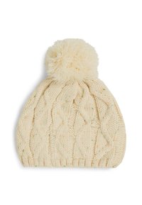 Krämfärgad stickad mössa med en texturerad kabelmönster, toppad med en fluffig pom-pom. Har subtila flerfärgade inslag genom hela.