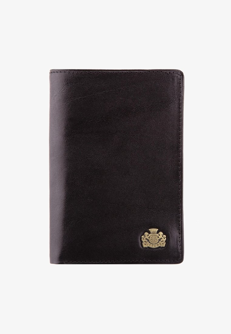 Schwarzes Lederportemonnaie mit glatter Textur, ausgestattet mit einem kleinen goldenen Logoemblem. Gefaltetes Design mit genähten Kanten. Keine sichtbaren Metallteile.