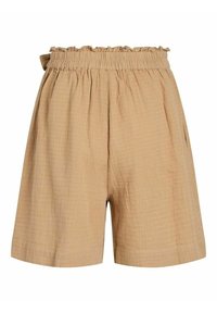 Béžové kraťasy s elastickým, volánkovým pasem, vyrobené z texturované látky. Disponují postranními kapsami a volnějším, uvolněným střihem.