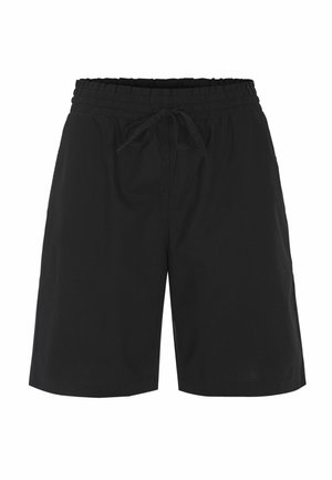 Sorte knælange shorts med elastisk talje og snøre foran, ensfarvet design uden synlige logoer eller mønstre.