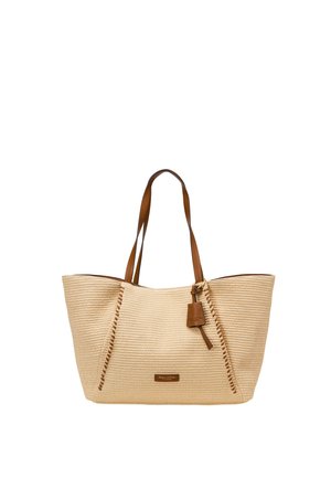 Beige geweven draagtas met bruine leren handvatten en een klein leren label, ruime open bovenkant en decoratieve stiksels aan de zijkanten.