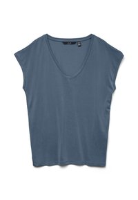 T-shirt bleu à manches courtes col en V, posé à plat sur fond blanc, montrant la vue de face et une étiquette visible au niveau du col.