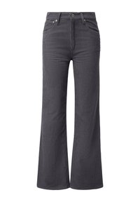 Dark gray high-waist corduroy pants with wide legs, front button and zipper, and five-pocket style.