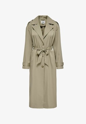 Beiger langer Trenchcoat mit breiten Revers, Knopfverschluss, Taillengürtel, Schulterklappen und Manschettenriemen.