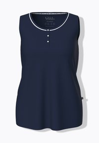 Canotta blu navy senza maniche con scollatura rotonda, rifinitura bianca e tre piccoli bottoni sul davanti. Tessuto morbido e liscio.