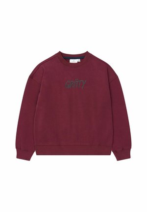 Sweat-shirt bordeaux col rond avec poignets et ourlet côtelés, avec le texte vert foncé "GRITTY" au centre devant.