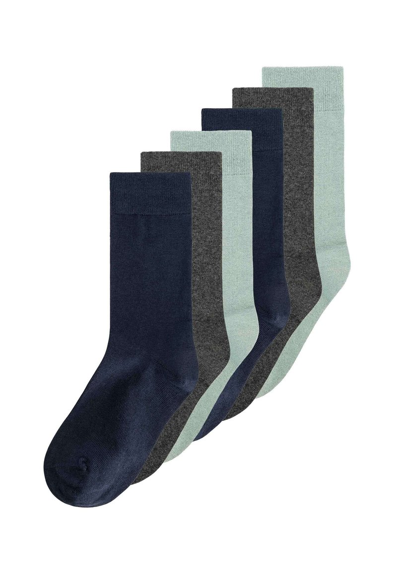 Set aus sechs Socken in verschiedenen Farben: dunkelblau, grau, grün und helltürkis. Glatte Textur mit einem enganliegenden Bündchen am oberen Ende.