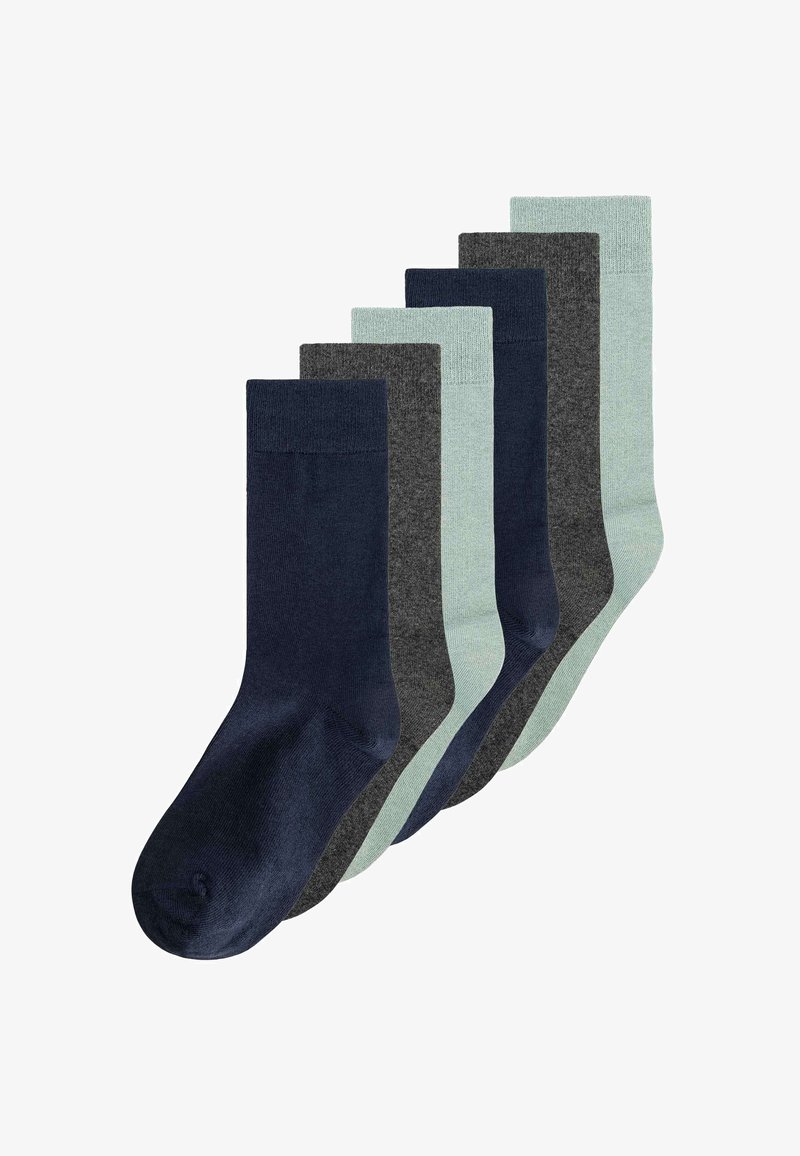 Set aus sechs Socken in verschiedenen Farben: dunkelblau, grau, grün und helltürkis. Glatte Textur mit einem enganliegenden Bündchen am oberen Ende.