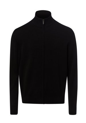 Schwarzer langärmliger Reißverschluss-Pullover mit hohem Rippenkragen sowie gerippten Ärmelbündchen und Saum, gezeigt auf weißem Hintergrund.