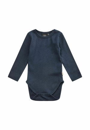 Donkerblauw geribd babyrompertje met lange mouwen, drukknoopsluiting bij het kruis en een ronde hals.