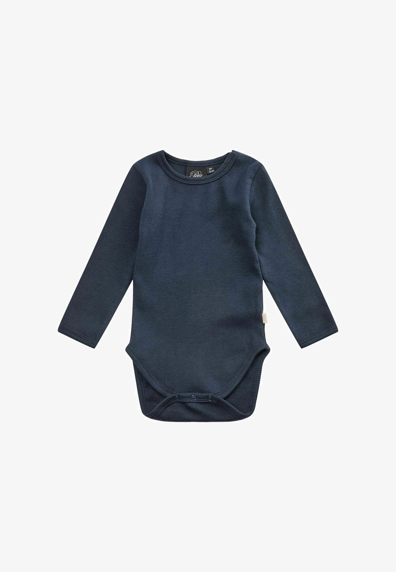 Body bébé bleu marine à côtes, manches longues, fermeture pressionnée à l’entrejambe et col rond.
