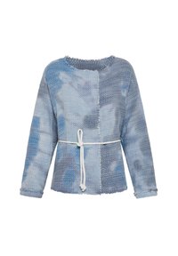 Top lungo a maniche lunghe blu e azzurro, in tessuto testurizzato con vestibilità ampia, con scollatura a taglio vivo e una cintura bianca legata in vita.