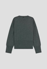Maglione grigio a maglia con maniche lunghe, polsini e vita a coste, scollatura a girocollo e un semplice design senza cuciture sul retro.