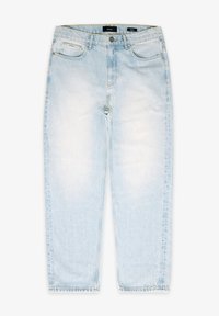 Light blue high-waisted jeans made of denim. Features five pockets, a zipper fly, and a straight leg design with slight fading.
