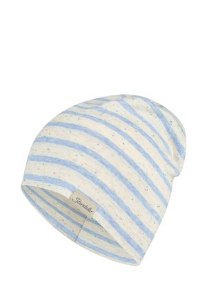 Weiche Baumwollmütze mit hellblauen horizontalen Streifen und mehrfarbigen Sprenkeln, mit einem kleinen beigefarbenen, gestickten Markenlabel.