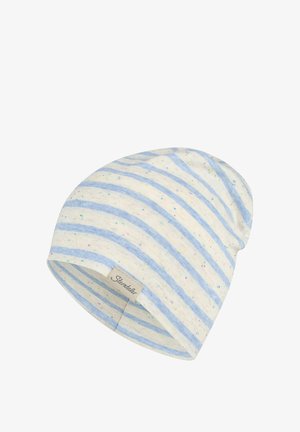 Soft cotton beanie with light blue horizontal stripes and multicolored speckles, featuring a small beige stitched brand label.