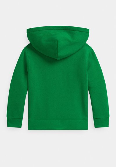 Zaļš kapucveida sporta krekls ar garām piedurknēm, mīksta auduma tekstūra un vienkāršs dizains. Ietver šūtu apakšmalu un kapuci.