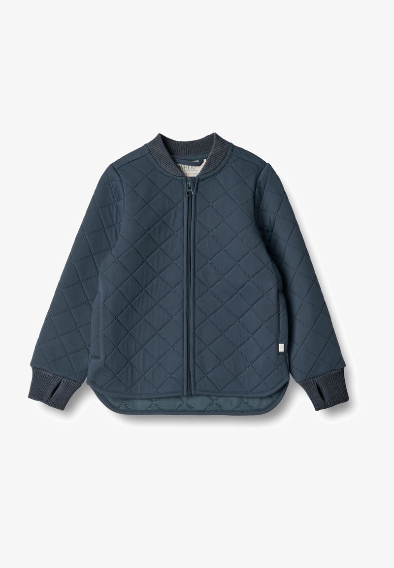 Veste matelassée bleu foncé avec col et poignets côtelés, dotée d'une fermeture éclair à l'avant et d'une texture lisse. Aucun motif ou accent visible.