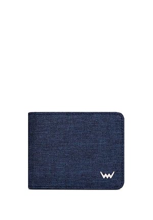 Dark blue fabric wallet with a smooth texture; features a discreet white logo on the bottom right corner; rectangular shape, rounded edges.