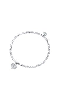 Silberne Perlenarmband mit einem Herzanhänger, verziert mit klaren Strasssteinen und einem kleinen kugelförmigen Akzent. Runde Form, glänzende Oberfläche.