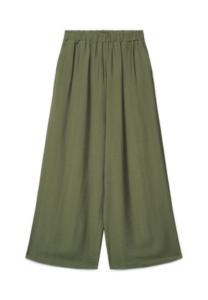 Pantaloni larghi a gamba larga di colore verde oliva con vita elastica e tessuto strutturato, mostrati distesi su uno sfondo bianco.