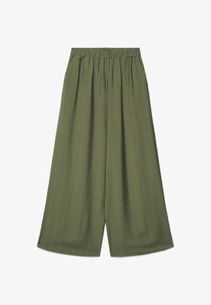 Pantaloni larghi a gamba larga di colore verde oliva con vita elastica e tessuto strutturato, mostrati distesi su uno sfondo bianco.