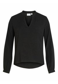 Blusa nera a maniche lunghe con scollo a V, realizzata in tessuto morbido, caratterizzata da una vestibilità comoda e un orlo curvo. Le maniche con polsini aggiungono un tocco di dettaglio.