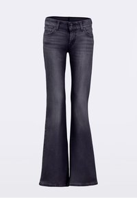 Schwarze Flared-Jeans aus Denim, mit einer taillierten Passform im Hüftbereich, die sich zum unteren Bein hin allmählich verbreitern, und dezenten Fading-Details.